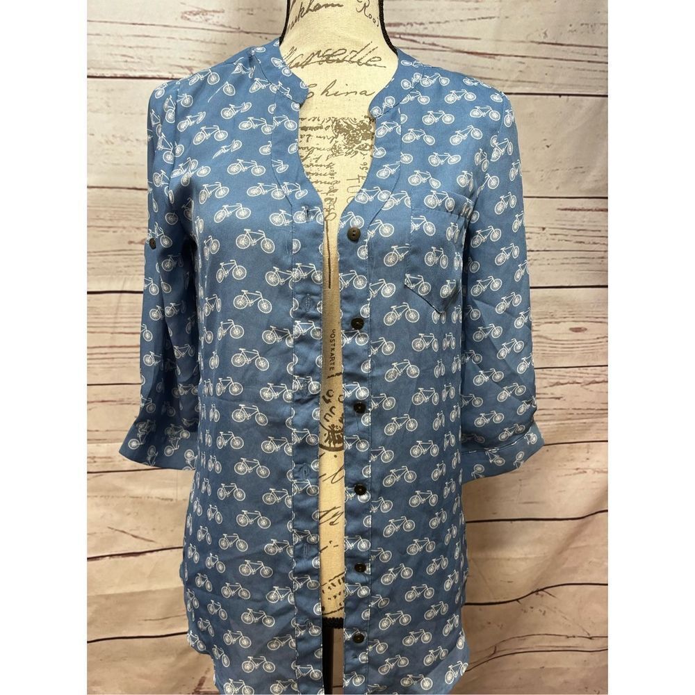Bongo Womens Blue Bicycle Print Button Up Shirt Tunic Top Sizeโ S
